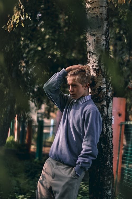 Stylish Young Man in Purple Sweater 