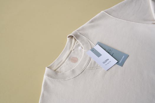 Minimalist beige sweatshirt displayed with tags on a yellow background, perfect for e-commerce.