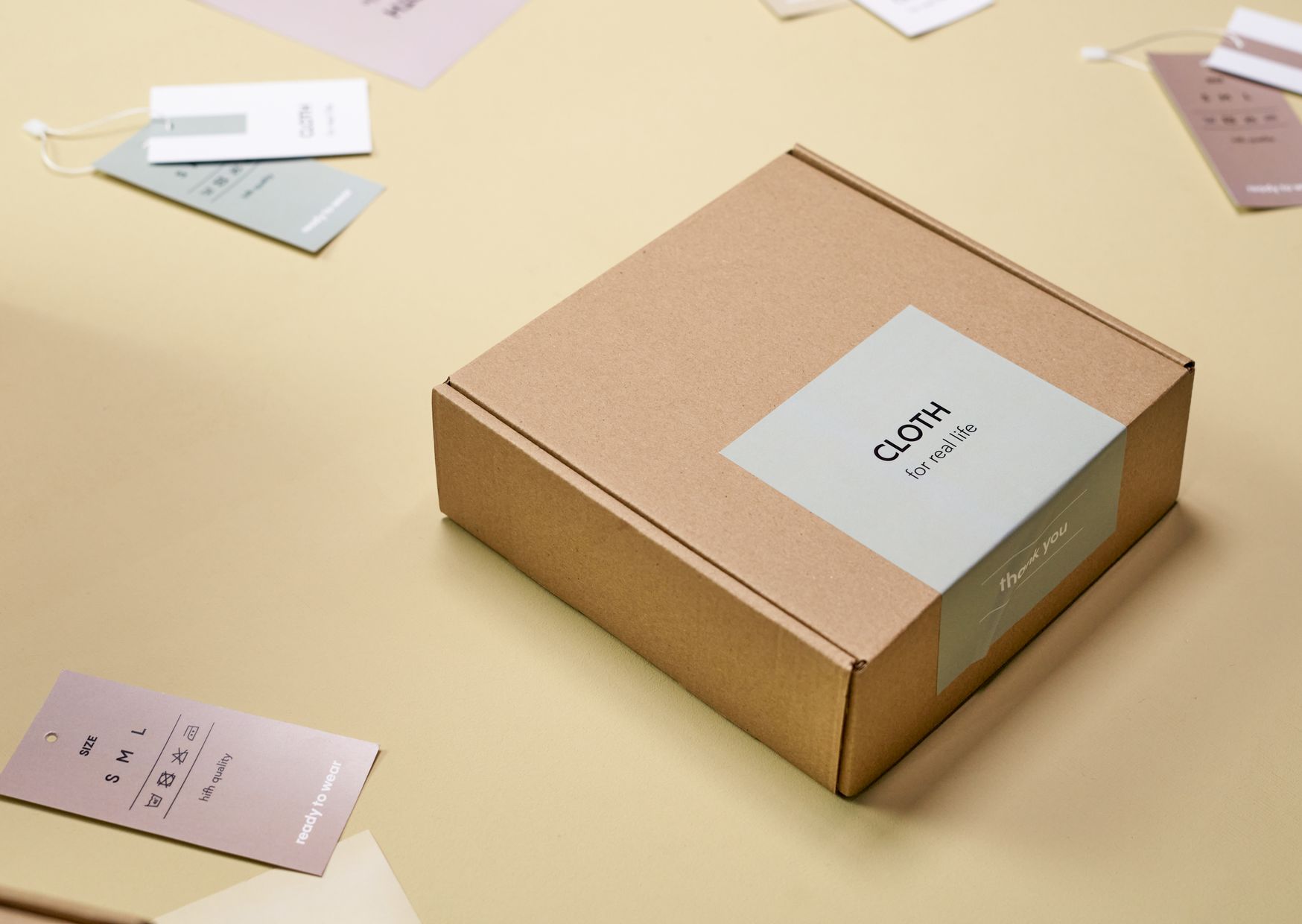 Packaging carton élégant avec étiquettes et éléments de marque