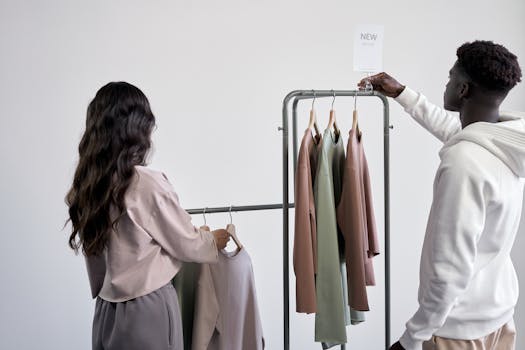 Trendy adults browsing clothes in a stylish showroom. Fashionable and chic shopping scene.