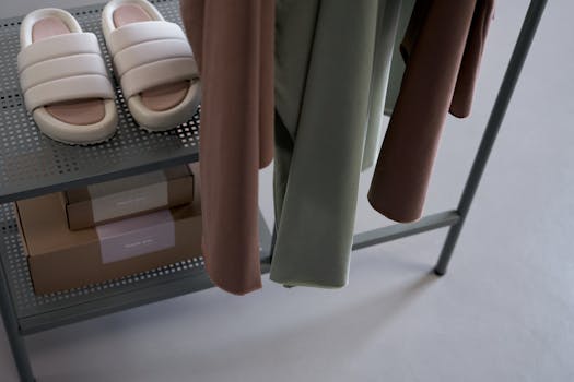 A minimalist display featuring casual clothing, slippers, and packaging indoors.