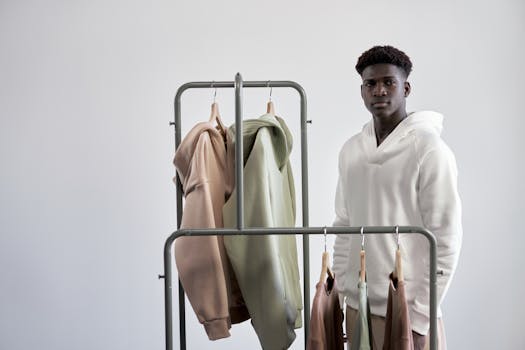 Young man stands beside a rack of stylish hoodies in a minimalist setting.