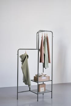 Stylish minimalist clothing rack featuring casual outfits in a bright studio environment.