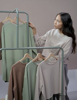 Adult woman examining neutral toned sweaters on rack, indoors, fashion store.
