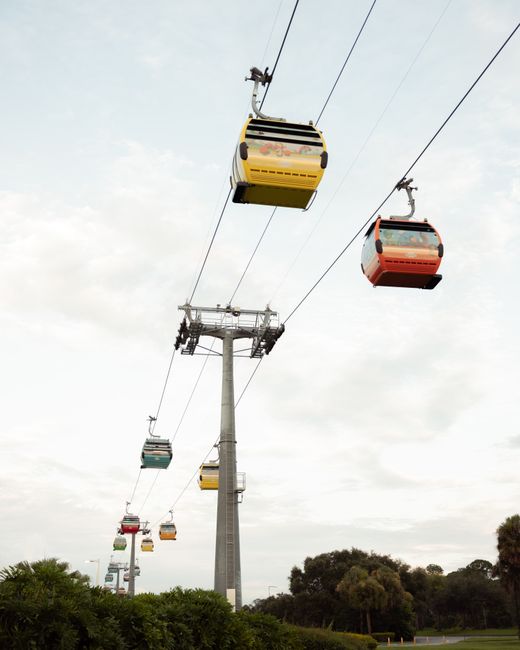 Vibrant cable cars suspended against a blue sky in Orlando, Florida.