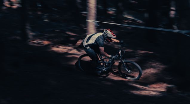 A mountain biker wearing a helmet rides swiftly through a wooded trail, capturing motion and excitement.