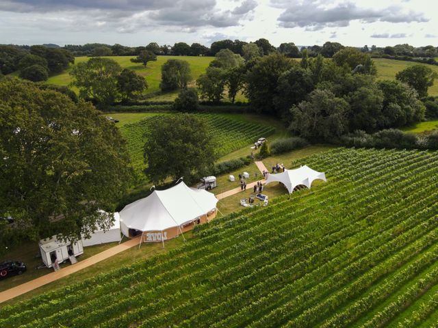 Vue aérienne de tentes de réception installées au milieu des rangs de vigne