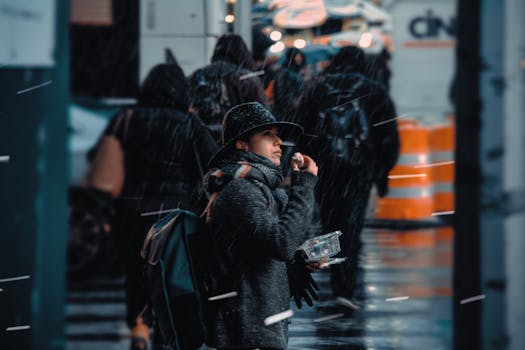 A person enjoys a snack on a rainy city street, adding a touch of humanity to a bustling urban environment.