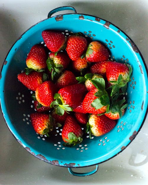 Free stock photo of blue, strainer, strawberries