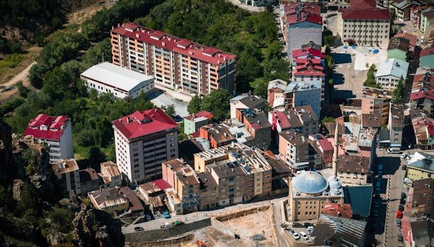 Aerial photography capturing a dense area of residential buildings with vibrant roofs in Turkey.