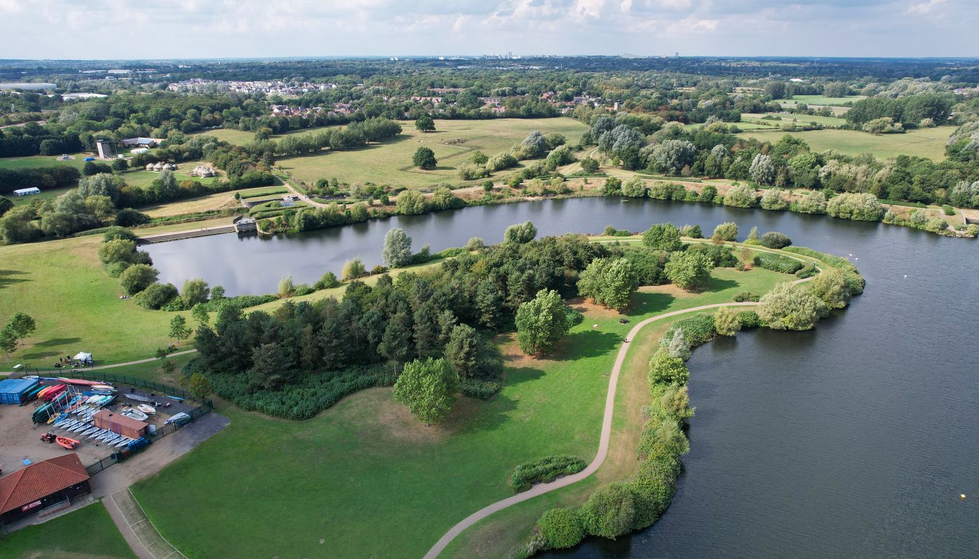 Willen Lake aerial — the landmark park adjoining Middleton, north-east MK