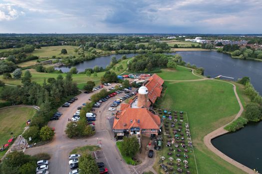Scenic aerial photo showcasing lush landscapes, lakes, and leisure area in Milton Keynes, UK.