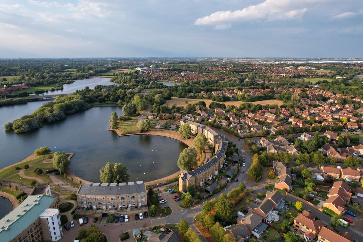 Aerial view of south Milton Keynes residential area near Bletchley