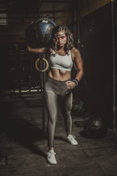 Caucasian woman working out with a medicine ball in a gym setting, depicting strength and determination.