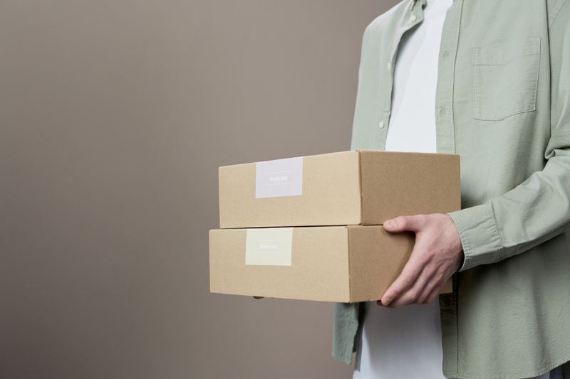 Close-up of a person holding thank you labeled boxes, ideal for delivery themes.