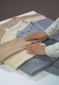 A person arranges warm cardigans in a style photo emphasizing texture and simplicity.