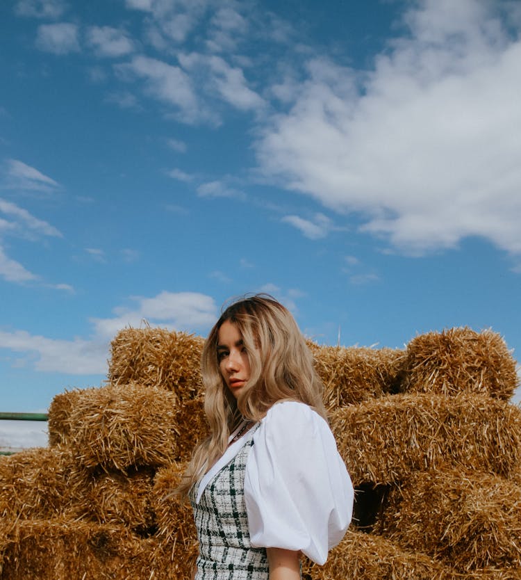 Girl Posing On Hay Background In Field