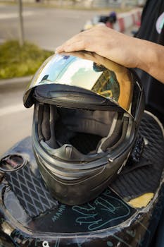 Close-up of a hand touching a motorcycle helmet with reflective visor on a vehicle.