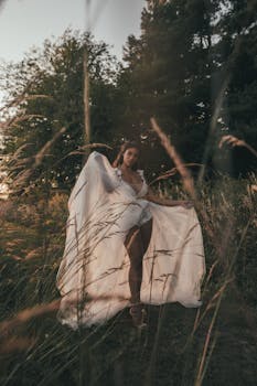 A woman in a flowing white dress stands outdoors surrounded by tall grass and trees.