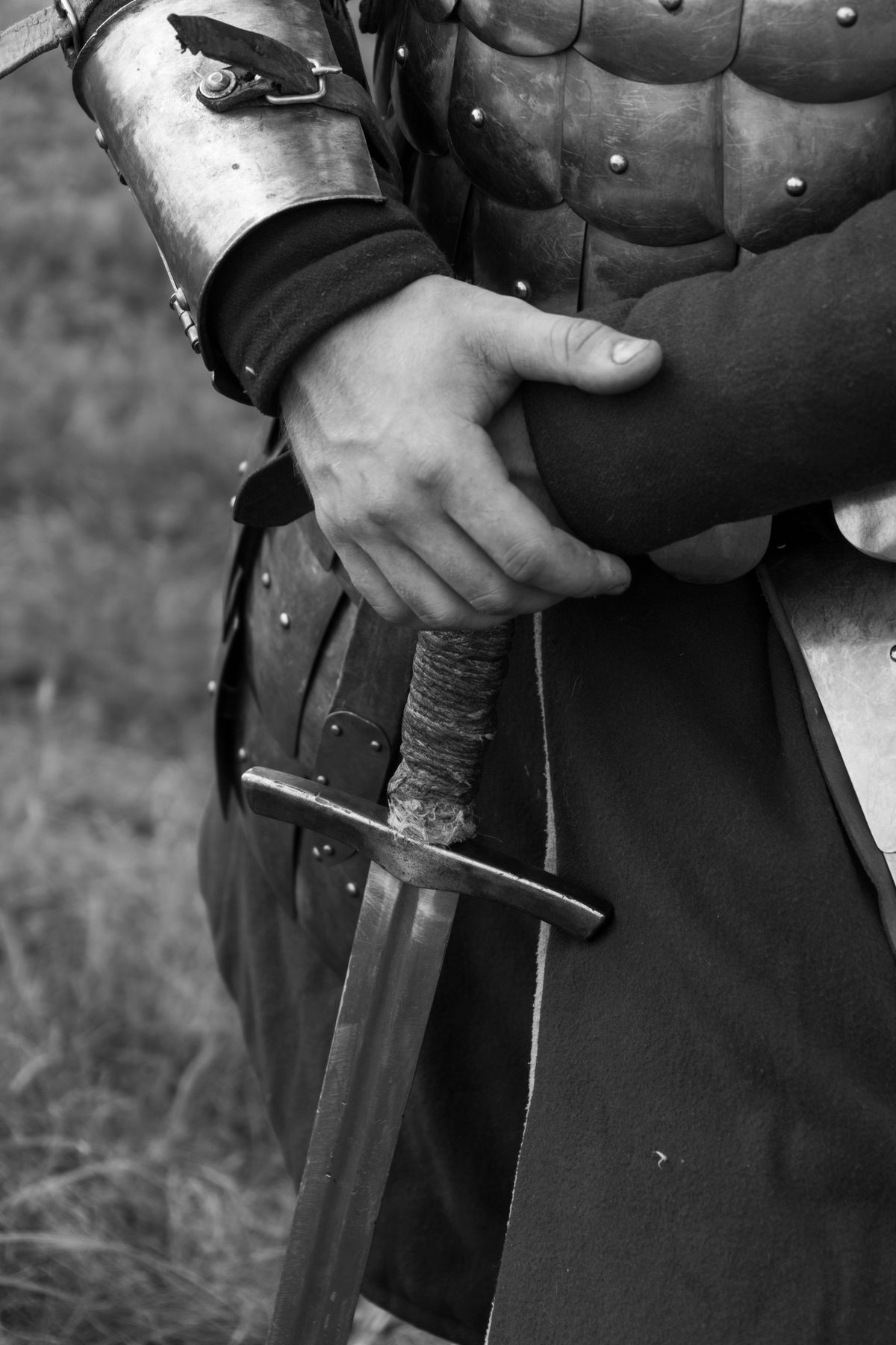 Close view of worn plate armor before battle