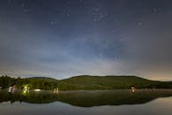 宁静的夜间景观中，山丘上覆盖着森林和宁静的湖泊，星星点缀其间