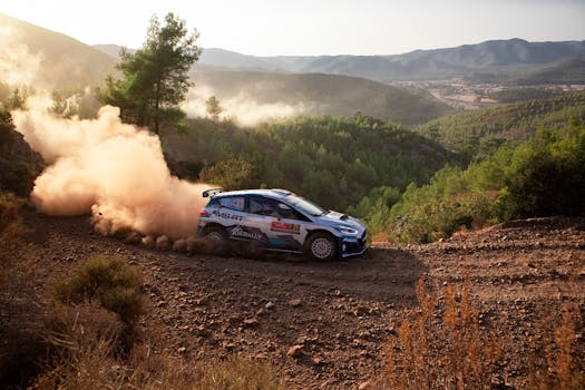 Rally car accelerating on a winding dirt track surrounded by lush greenery and mountains.