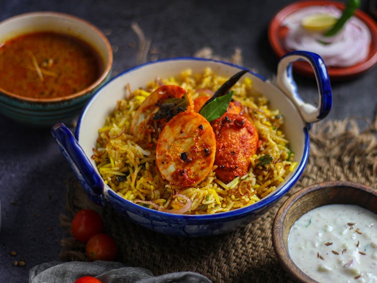 Blue Ceramic Bowl With Biryani 