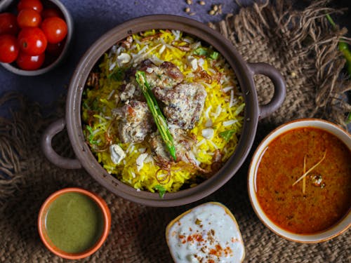 Top View of an Indian Dish with Rice and Meat 