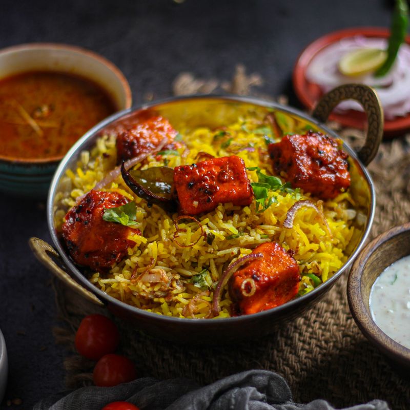 Paneer Biryani with Saffron and Fried Onions