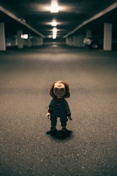 Eerie doll stands alone in a spooky dimly lit underground parking garage, evoking horror movie vibes.