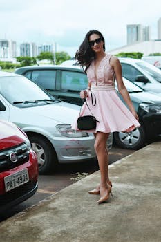 一位时尚女子戴着墨镜、穿着粉色连衣裙，在城市停车场里微笑