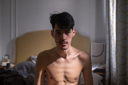 A shirtless man sits on a bed in a softly lit bedroom, reflecting morning light.