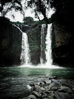 A stunning view of a jungle waterfall cascading into a serene lake surrounded by lush greenery.