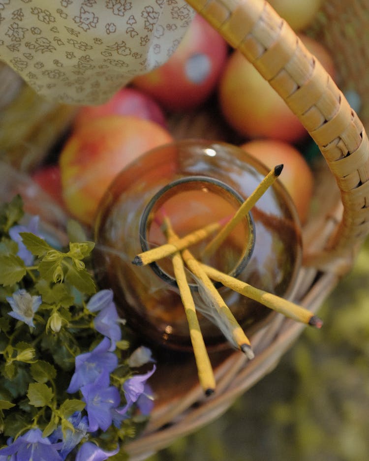 Sticks In Jar, Flowers And Apples In Basket