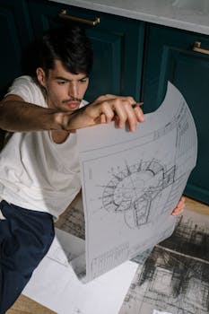 Man examining architectural blueprint indoors, sitting on floor.