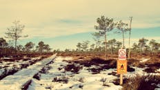 苏马国家公园内，积雪覆盖，木板路蜿蜒，风景优美