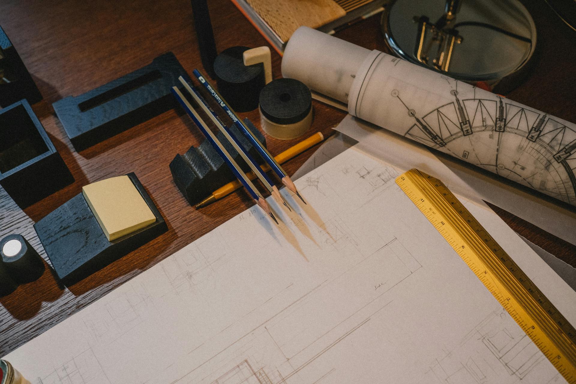 Architect's desk with blueprints and drafting tools, perfect for design and planning themes.