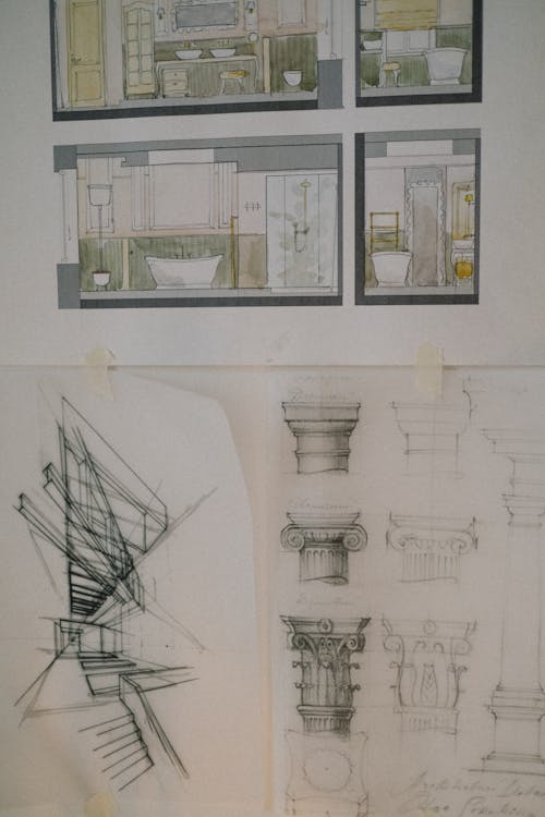Close up on drawings and schemes on wall