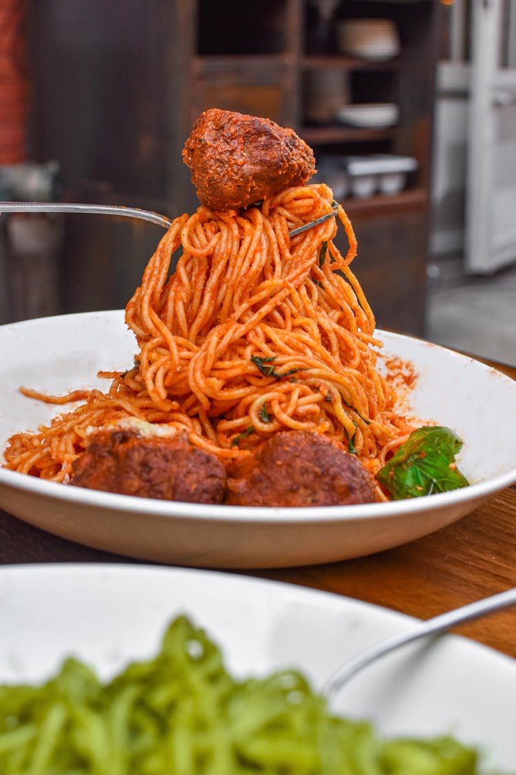 Spaghetti With Meatballs On Ceramic Plate