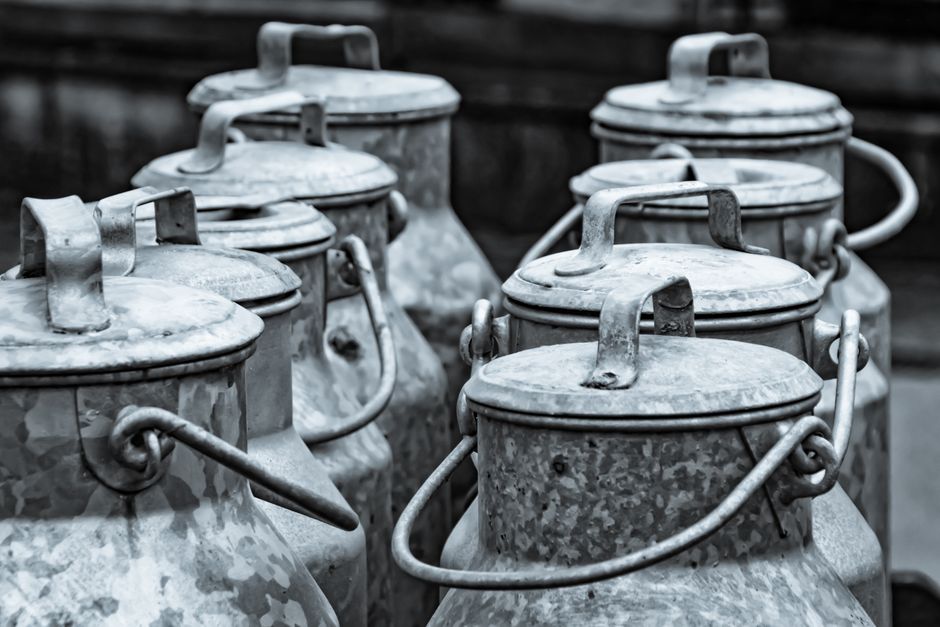 A collection of vintage metal milk jugs with rustic handles in a classic arrangement.