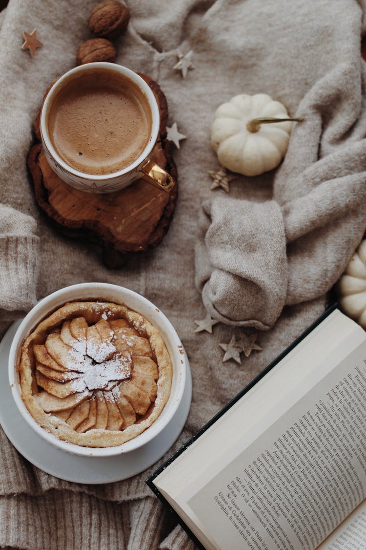 Hot Cocoa And Pumpkin Pie On A Ceramic Baking Tray