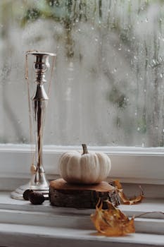 A serene autumn still life featuring a white pumpkin and silver candle holder by a rain-streaked window.