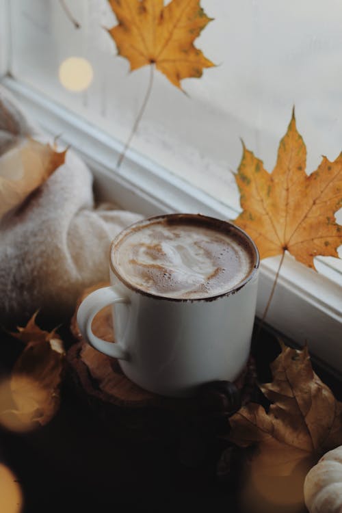 Free White Ceramic Mug With Coffee on Brown Dried Leaves Stock Photo