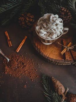 Top view of hot chocolate with whipped cream, cinnamon sticks, and pinecones.