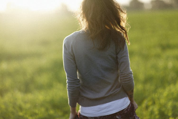 Girl With Long Hair Walking In Hay Field