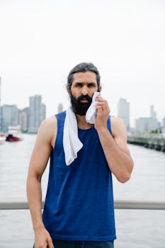 Bearded man wipes face in sleeveless shirt near city waterfront, capturing urban and fitness vibes.