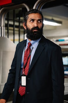 Executive professional with a beard in formal business attire looking away confidently indoors.