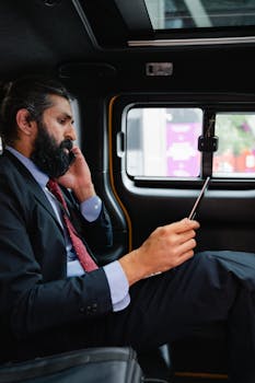 Professional man in suit using phone and tablet while traveling in car, showcasing multitasking skills.