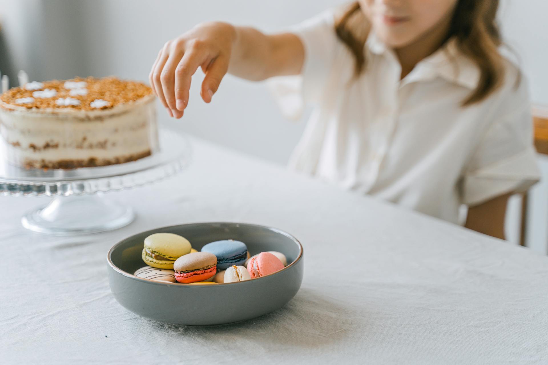 French Macarons in Blue Ceramic Bowl