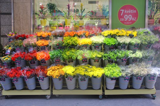 Colorful floral bouquets in buckets at an outdoor market flower shop display.
